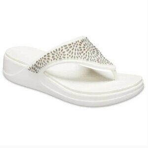 Crocs Women's White Monterey Metallic Wedge Slip-On Thong Sandal Size 10